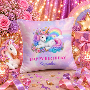 Rainbow Unicorn Girl Birthday Pink Purple Party Pi Throw Pillow