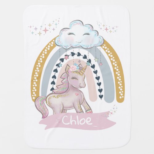 Rainbow Unicorn Girl Custom Name Baby Blanket