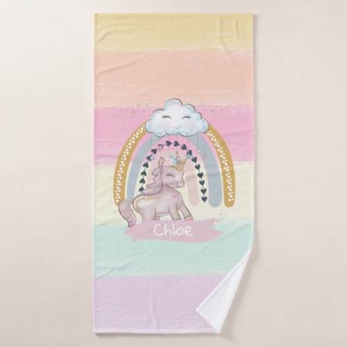 Rainbow Unicorn Girl Custom Name Bath Towel