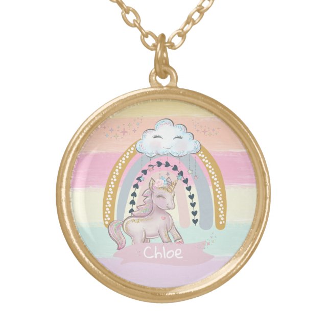 🦄Rainbow Unicorn Girl Custom Name      Gold Plated Necklace (Front)
