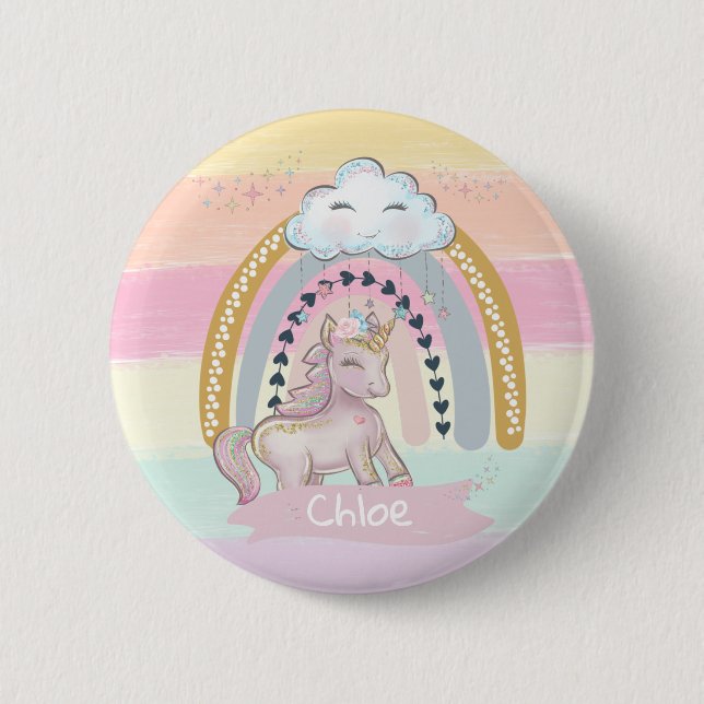 🦄Rainbow Unicorn Girl Custom Name Heart  Button (Front)