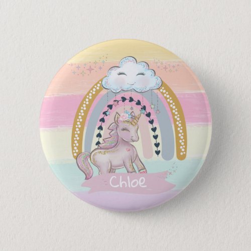 Rainbow Unicorn Girl Custom Name Heart  Button