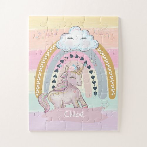 Rainbow Unicorn Girl Custom Name Heart Jigsaw Puzzle