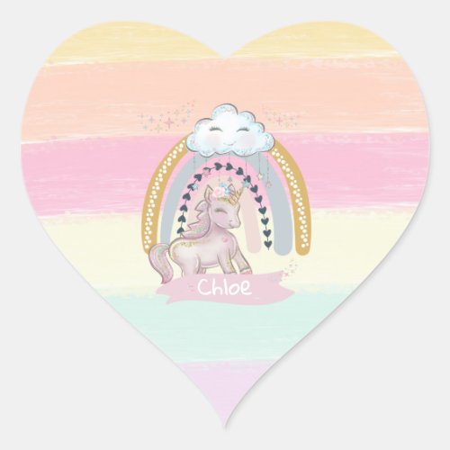 Rainbow Unicorn Girl Custom Name Heart Sticker