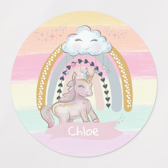 🦄Rainbow Unicorn Girl Custom Name  Labels (Design 1)