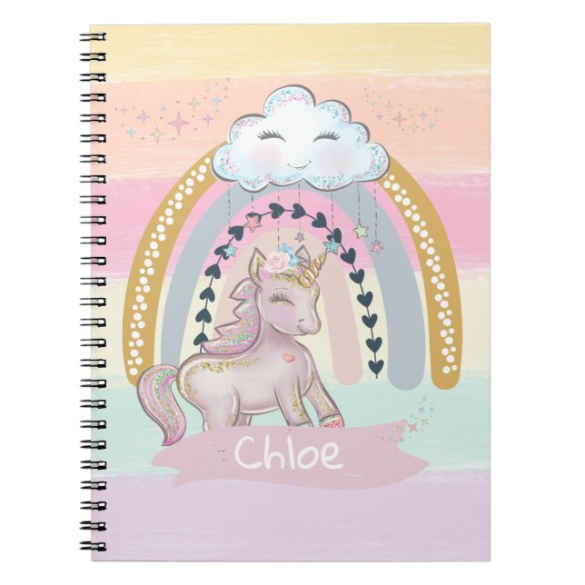 🦄Rainbow Unicorn Girl Custom Name Notebook (Front)