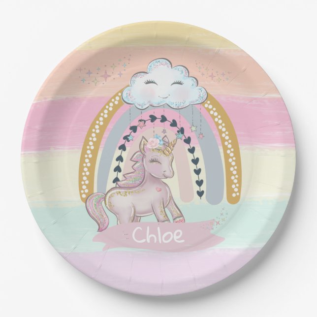 🦄Rainbow Unicorn Girl Custom Name     Paper Plates (Front)