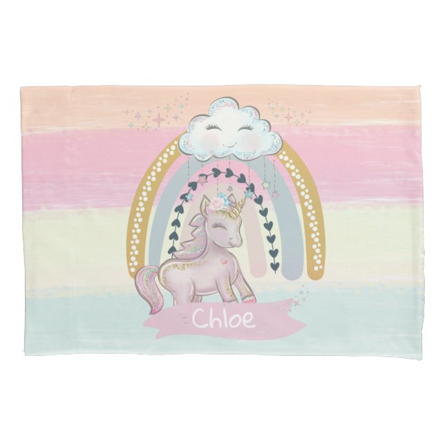 🦄Rainbow Unicorn Girl Custom Name Pillow Case (Front)