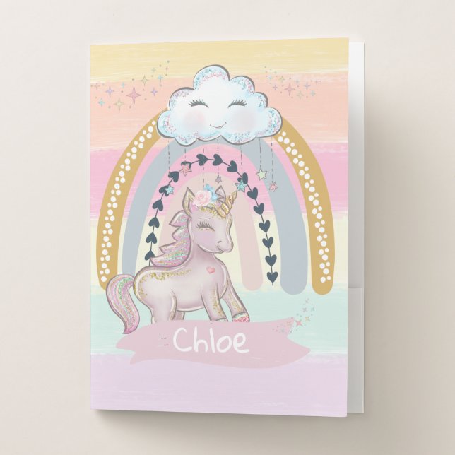 🦄Rainbow Unicorn Girl Custom Name Pocket Folder (Front)