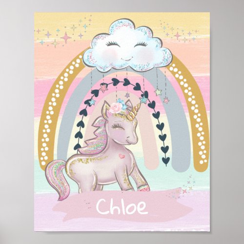 Rainbow Unicorn Girl Custom Name   Poster
