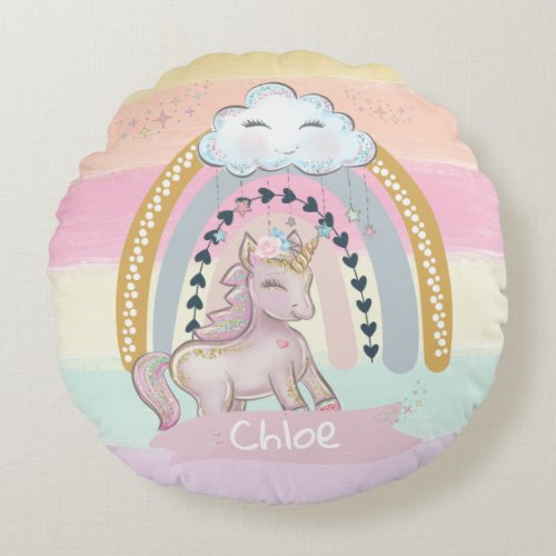 Rainbow Unicorn Girl Custom Name    Round Pillow