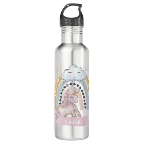 Rainbow Unicorn Girl Custom Name    Stainless Steel Water Bottle