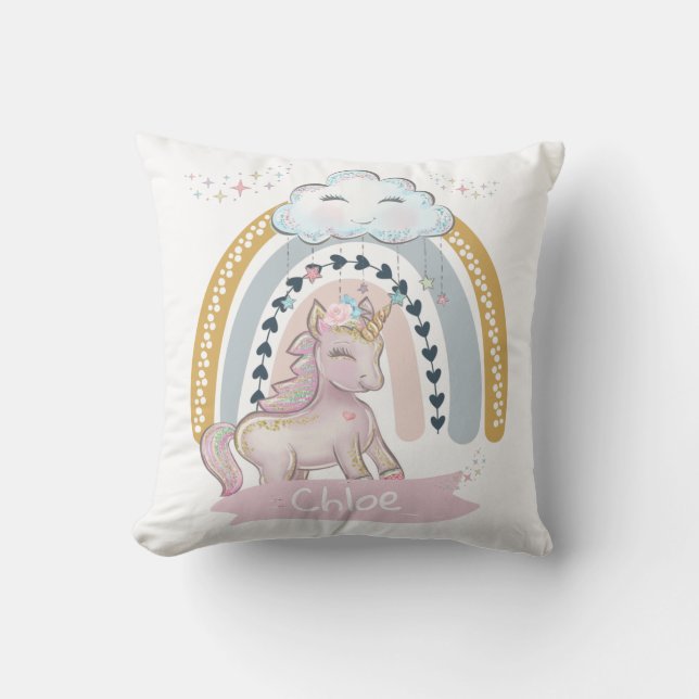🦄Rainbow Unicorn Girl Custom Name Throw Pillow (Front)