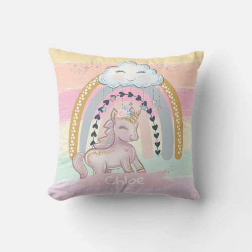 Rainbow Unicorn Girl Custom Name Throw Pillow