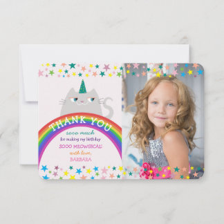 Rainbow Unicorn Girl Photo Birthday Thank You Card
