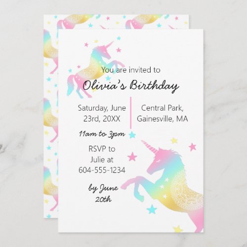 Rainbow Unicorn Girls Birthday Invitation