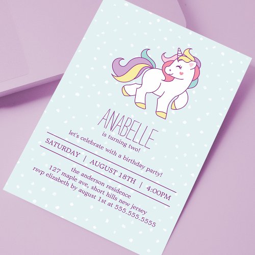 Rainbow Unicorn Girls Birthday Party Invitation