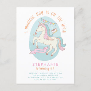 Rainbow Unicorn Girl's Birthday Party Invitation Postcard