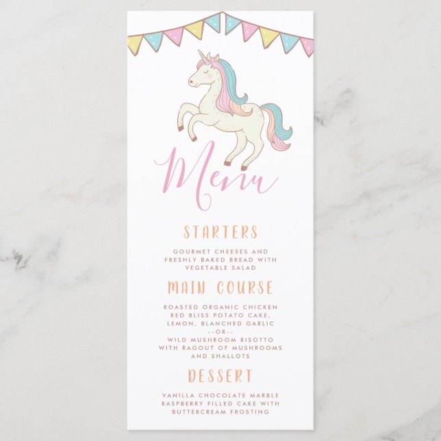 Rainbow Unicorn Girl's Birthday Party Menu (Front)