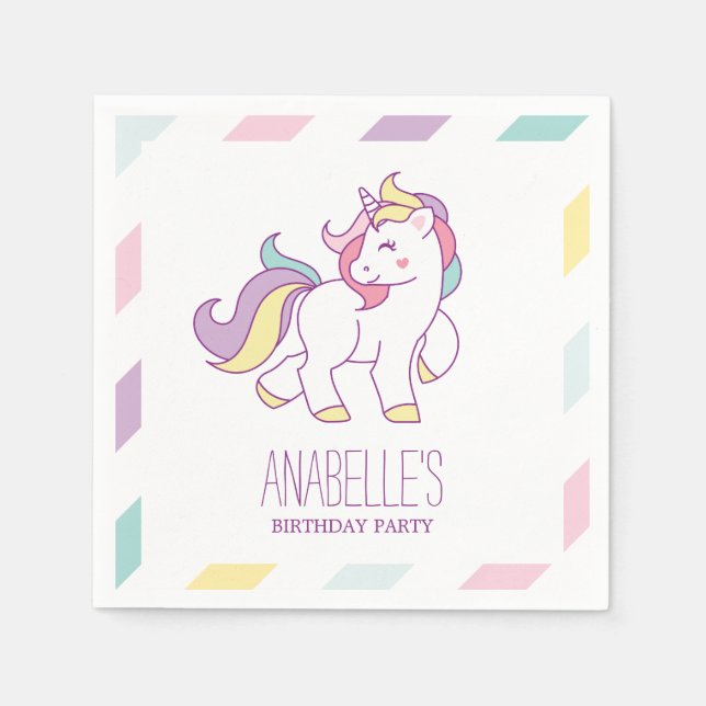 Rainbow Unicorn Girls Birthday Party Paper Napkins (Front)