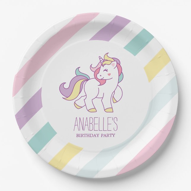 Rainbow Unicorn Girls Birthday Party Paper Plates (Front)