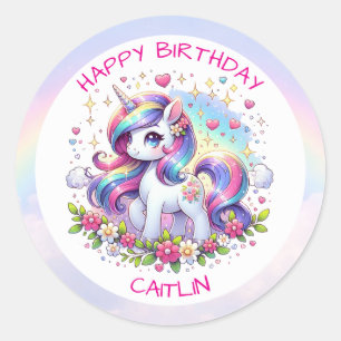 Rainbow Unicorn Girl's Birthday Party Personalized Classic Round Sticker