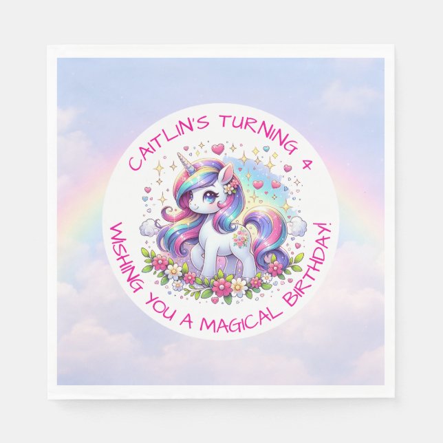 Rainbow Unicorn Girl's Birthday Party Personalized Napkins (Front)