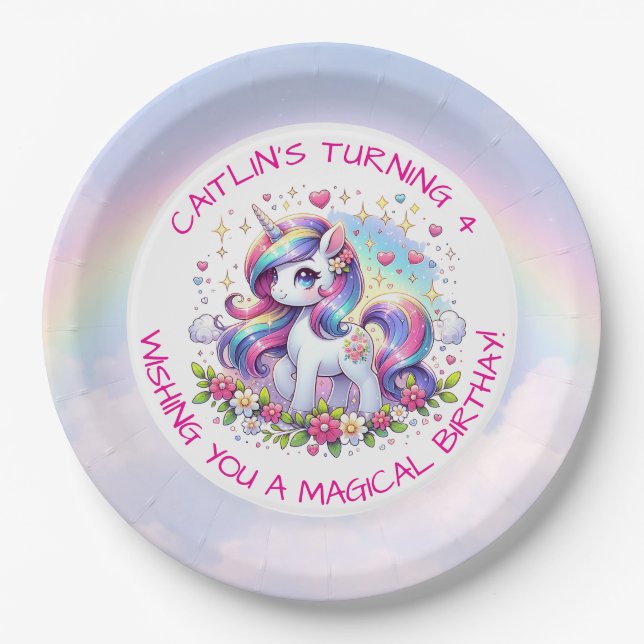 Rainbow Unicorn Girl's Birthday Party Personalized Paper Plates (Front)