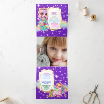 Rainbow Unicorn Girls Diy Age Purple Stars Girls  Tri-fold Card by mensgifts at Zazzle