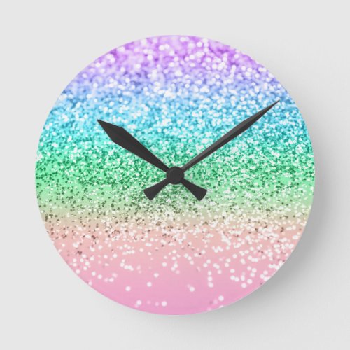 Rainbow Unicorn Glitter 1 Faux Glitter pastel  Round Clock