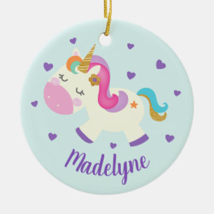 Rainbow Unicorn Glitter Christmas Aqua Name Ceramic Ornament