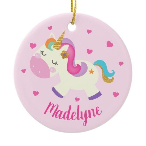 Rainbow Unicorn Glitter Christmas Pink Name Ceramic Ornament