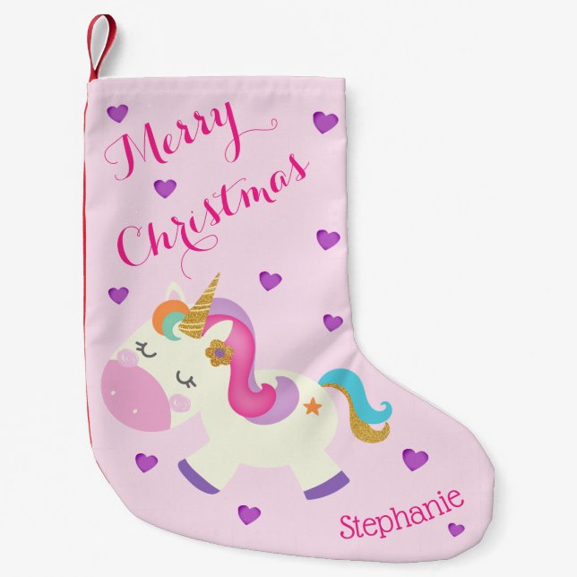 Rainbow Unicorn Glitter Christmas Pink Small Christmas Stocking (Front)