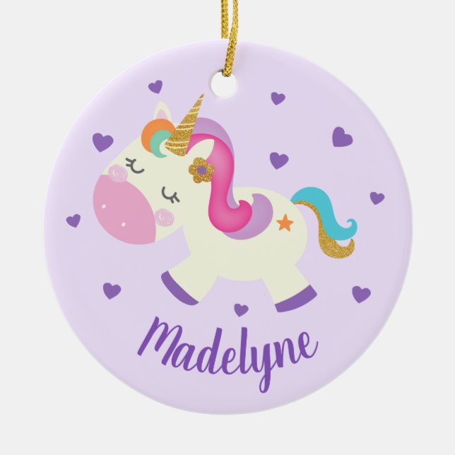 Rainbow Unicorn Glitter Christmas Purple Name Ceramic Ornament (Front)