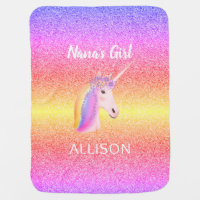 Rainbow Unicorn Glitter Floral Personalized Baby Blanket