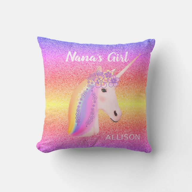 Rainbow Unicorn Glitter Nanas Girl Personalized Throw Pillow (Front)