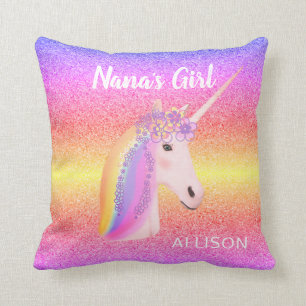 Rainbow Unicorn Glitter Nanas Girl Personalized Throw Pillow