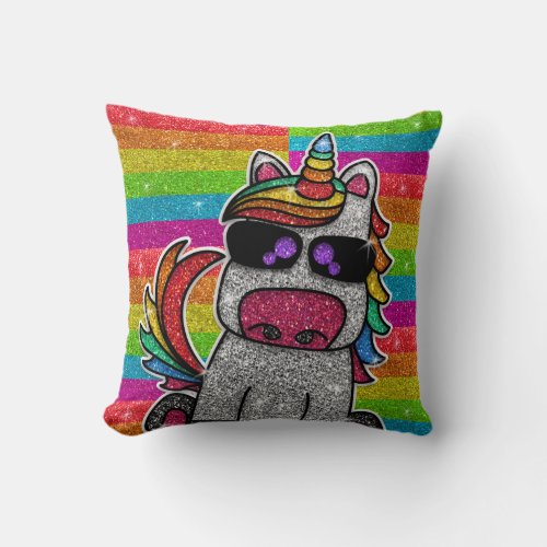 Rainbow Unicorn Glitter Sparkles LGBTQ Birthday Throw Pillow