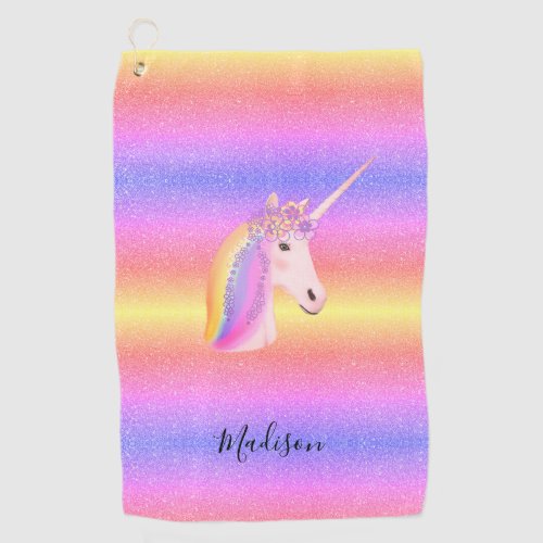 Rainbow Unicorn Glitter Sparkles Personalized Golf Towel
