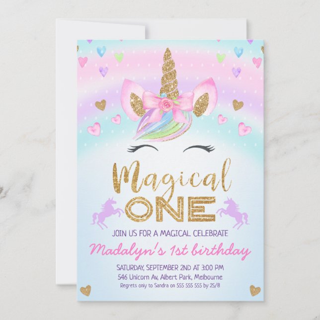 Rainbow Unicorn Gold Glitter 1st Birthday Invitation (Front)