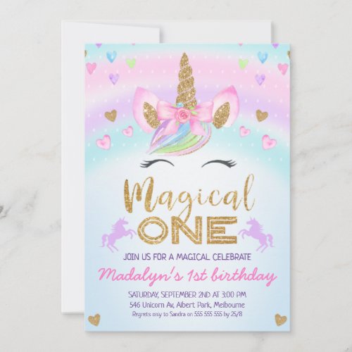 Rainbow Unicorn Gold Glitter 1st Birthday Invitation