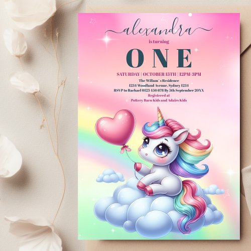 Rainbow Unicorn Gold Glitter 1st Birthday  Invitation