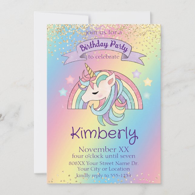 Rainbow Unicorn Gold Glitter Birthday Invitation (Front)