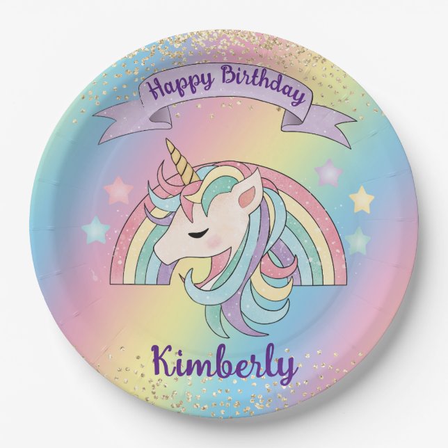 Rainbow & Unicorn Gold Glitter Birthday Paper Plates (Front)