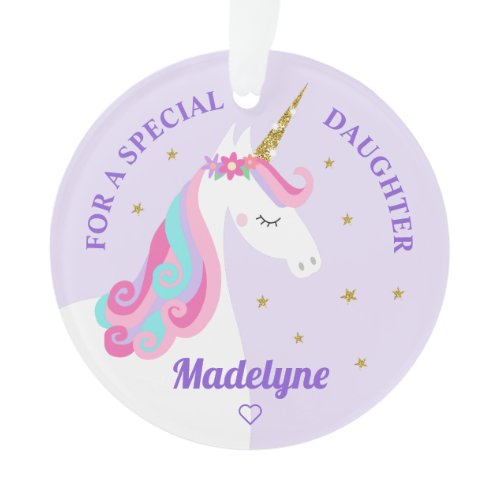 Rainbow Unicorn Gold Glitter Daughter Purple Ornament