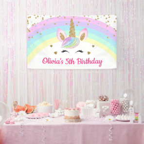 Rainbow Unicorn Gold Glitter Girl Birthday Banner