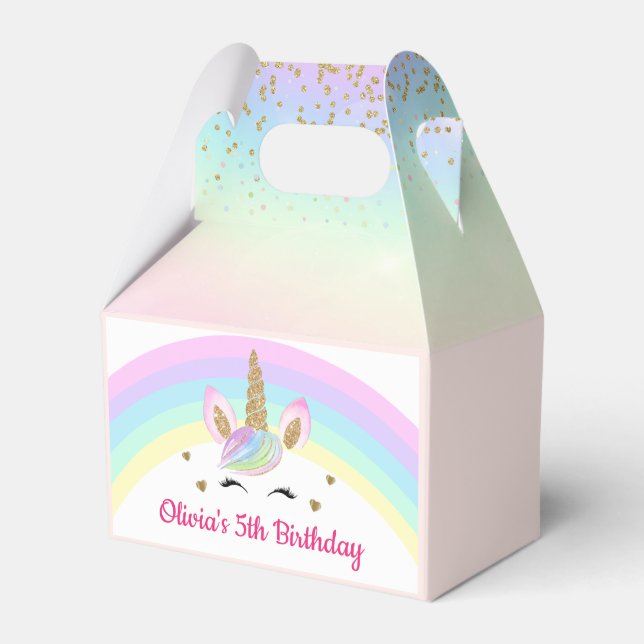 Rainbow Unicorn Gold Glitter Girl Birthday Favor Boxes (Front Side)