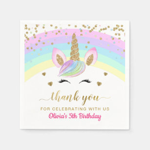 Rainbow Unicorn Gold Glitter Girl Birthday Paper Napkins