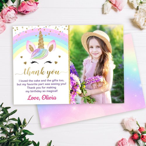 Rainbow Unicorn Gold Glitter Girl Birthday Photo Thank You Card
