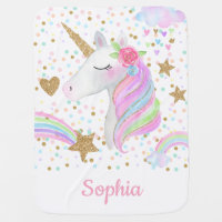 Rainbow Unicorn Gold Glitter Personalized Baby Blanket